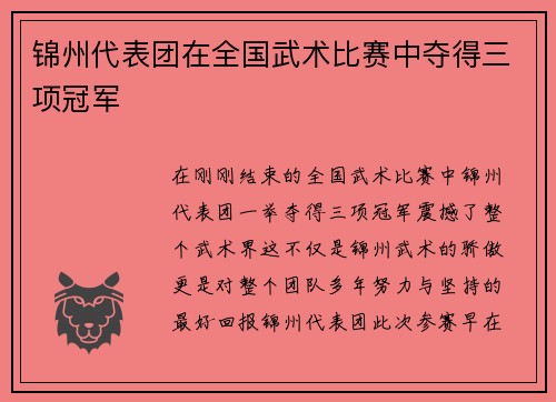 锦州代表团在全国武术比赛中夺得三项冠军