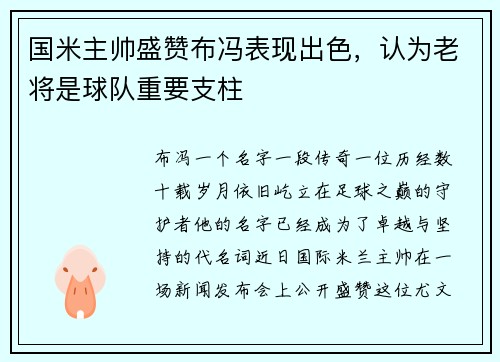 国米主帅盛赞布冯表现出色，认为老将是球队重要支柱